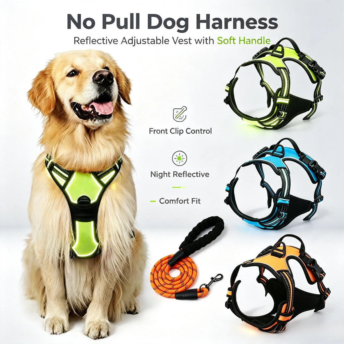 No Pull Front Clip Dog Harness with Reflective Strip, Adjustable Comfort Walking Vest Harness with Soft Handle, Escape Proof Pet Strap for Medium Large Dogs Daily Walking Training