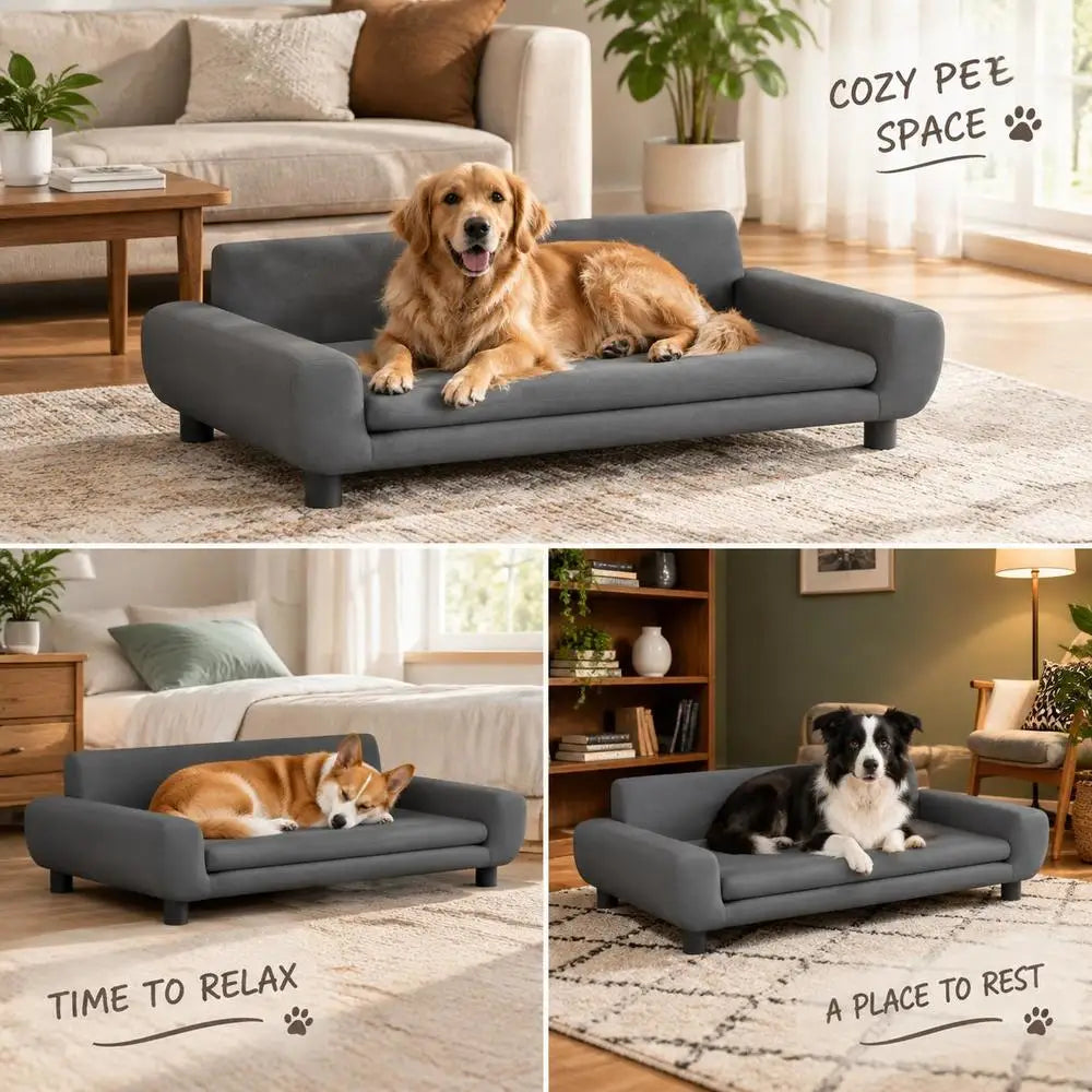 Canapé pour chien en velours, pieds en pin