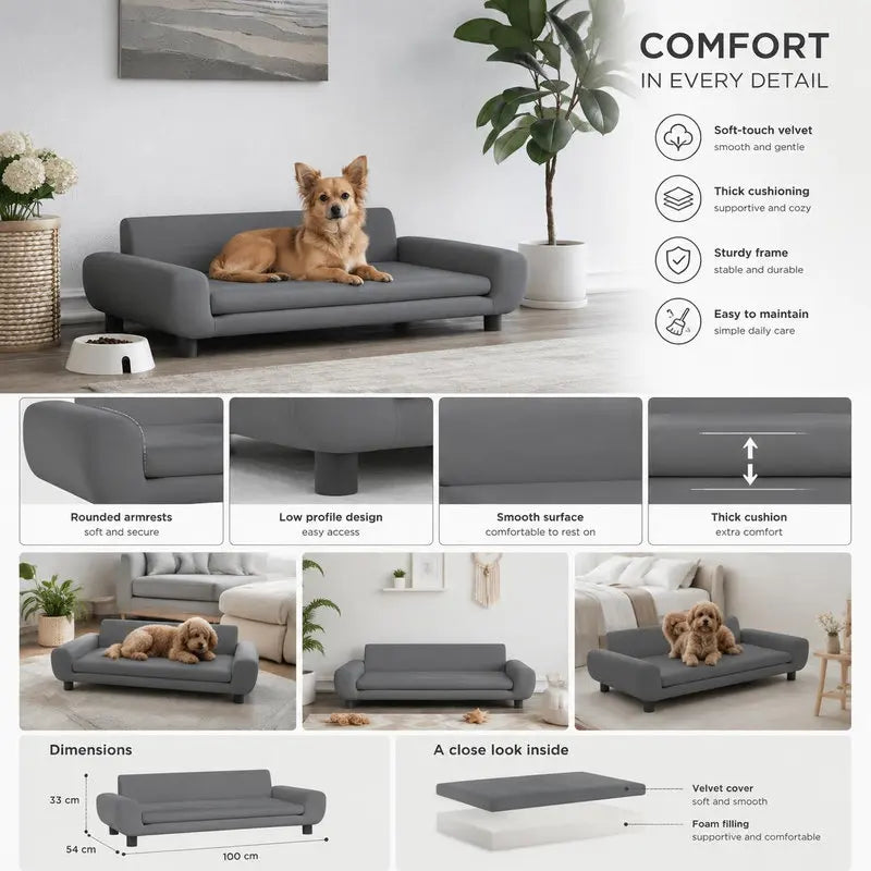 Canapé pour chien en velours, pieds en pin